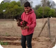 Un joven en el campo mostrando su cosecha